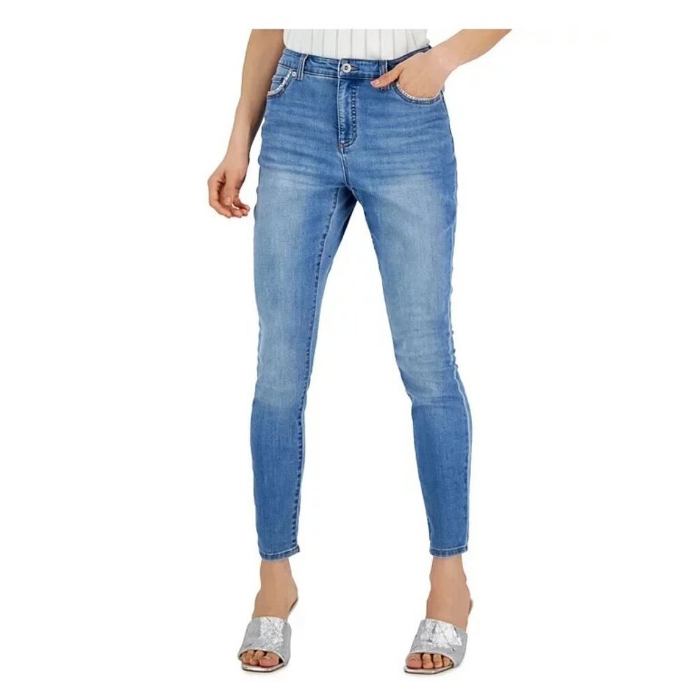 INC Women's High-Rise Rhinestone Skinny Jeans, Indigo Blue, Size 4 / 27 Waist